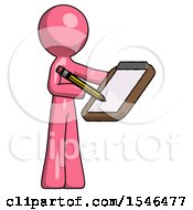 Pink Design Mascot Man Using Clipboard And Pencil