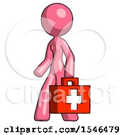 Pink Design Mascot Woman Walking With Medical Aid Briefcase To Left