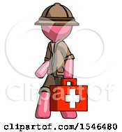 Poster, Art Print Of Pink Explorer Ranger Man Walking With Medical Aid Briefcase To Left