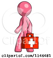 Poster, Art Print Of Pink Design Mascot Man Walking With Medical Aid Briefcase To Left