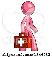 Poster, Art Print Of Pink Design Mascot Woman Walking With Medical Aid Briefcase To Right