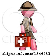 Poster, Art Print Of Pink Explorer Ranger Man Walking With Medical Aid Briefcase To Right