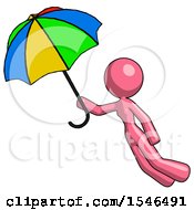 Pink Design Mascot Woman Flying With Rainbow Colored Umbrella