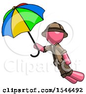 Poster, Art Print Of Pink Explorer Ranger Man Flying With Rainbow Colored Umbrella