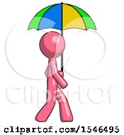 Poster, Art Print Of Pink Design Mascot Man Walking With Colored Umbrella