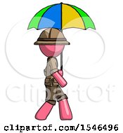 Poster, Art Print Of Pink Explorer Ranger Man Walking With Colored Umbrella