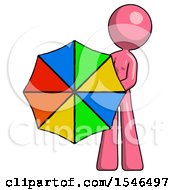 Poster, Art Print Of Pink Design Mascot Woman Holding Rainbow Umbrella Out To Viewer