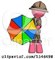 Poster, Art Print Of Pink Explorer Ranger Man Holding Rainbow Umbrella Out To Viewer