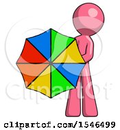 Pink Design Mascot Man Holding Rainbow Umbrella Out To Viewer