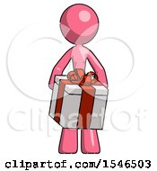 Pink Design Mascot Woman Gifting Present With Large Bow Front View