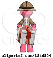 Poster, Art Print Of Pink Explorer Ranger Man Gifting Present With Large Bow Front View