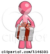 Pink Design Mascot Man Gifting Present With Large Bow Front View