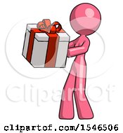 Pink Design Mascot Woman Presenting A Present With Large Red Bow On It