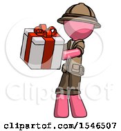 Poster, Art Print Of Pink Explorer Ranger Man Presenting A Present With Large Red Bow On It