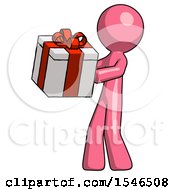 Pink Design Mascot Man Presenting A Present With Large Red Bow On It