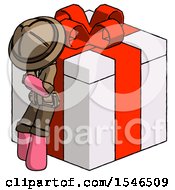 Poster, Art Print Of Pink Explorer Ranger Man Leaning On Gift With Red Bow Angle View
