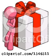 Pink Design Mascot Man Leaning On Gift With Red Bow Angle View