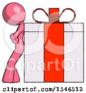 Pink Design Mascot Woman Gift Concept Leaning Against Large Present