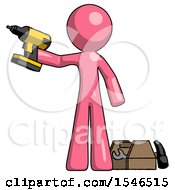 Pink Design Mascot Man Holding Drill Ready To Work Toolchest And Tools To Right