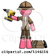 Poster, Art Print Of Pink Explorer Ranger Man Holding Drill Ready To Work Toolchest And Tools To Right
