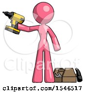 Pink Design Mascot Woman Holding Drill Ready To Work Toolchest And Tools To Right