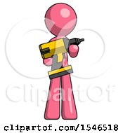 Pink Design Mascot Man Holding Large Drill