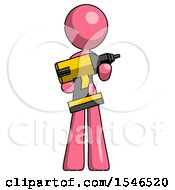 Pink Design Mascot Woman Holding Large Drill