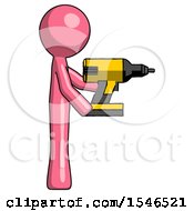 Pink Design Mascot Man Using Drill Drilling Something On Right Side