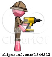 Poster, Art Print Of Pink Explorer Ranger Man Using Drill Drilling Something On Right Side