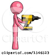 Pink Design Mascot Woman Using Drill Drilling Something On Right Side