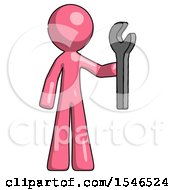 Pink Design Mascot Man Holding Wrench Ready To Repair Or Work