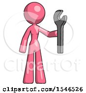 Pink Design Mascot Woman Holding Wrench Ready To Repair Or Work