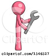 Poster, Art Print Of Pink Design Mascot Man Using Wrench Adjusting Something To Right