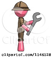 Poster, Art Print Of Pink Explorer Ranger Man Using Wrench Adjusting Something To Right