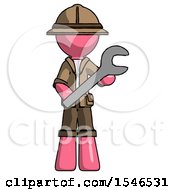 Poster, Art Print Of Pink Explorer Ranger Man Holding Large Wrench With Both Hands