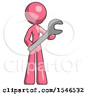 Pink Design Mascot Woman Holding Large Wrench With Both Hands