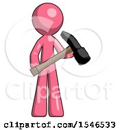 Pink Design Mascot Man Holding Hammer Ready To Work