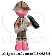 Poster, Art Print Of Pink Explorer Ranger Man Holding Hammer Ready To Work
