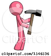 Pink Design Mascot Man Hammering Something On The Right