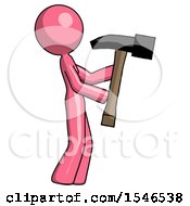 Pink Design Mascot Woman Hammering Something On The Right