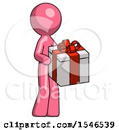 Pink Design Mascot Man Giving A Present
