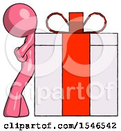 Pink Design Mascot Man Gift Concept Leaning Against Large Present