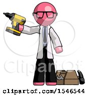 Poster, Art Print Of Pink Doctor Scientist Man Holding Drill Ready To Work Toolchest And Tools To Right
