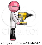 Poster, Art Print Of Pink Doctor Scientist Man Using Drill Drilling Something On Right Side