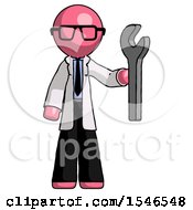 Poster, Art Print Of Pink Doctor Scientist Man Holding Wrench Ready To Repair Or Work
