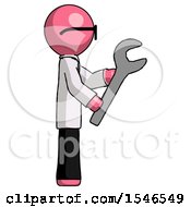 Poster, Art Print Of Pink Doctor Scientist Man Using Wrench Adjusting Something To Right