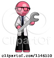 Pink Doctor Scientist Man Holding Large Wrench With Both Hands