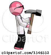 Poster, Art Print Of Pink Doctor Scientist Man Hammering Something On The Right