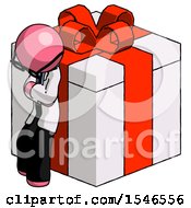 Pink Doctor Scientist Man Leaning On Gift With Red Bow Angle View