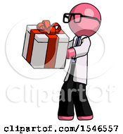 Pink Doctor Scientist Man Presenting A Present With Large Red Bow On It